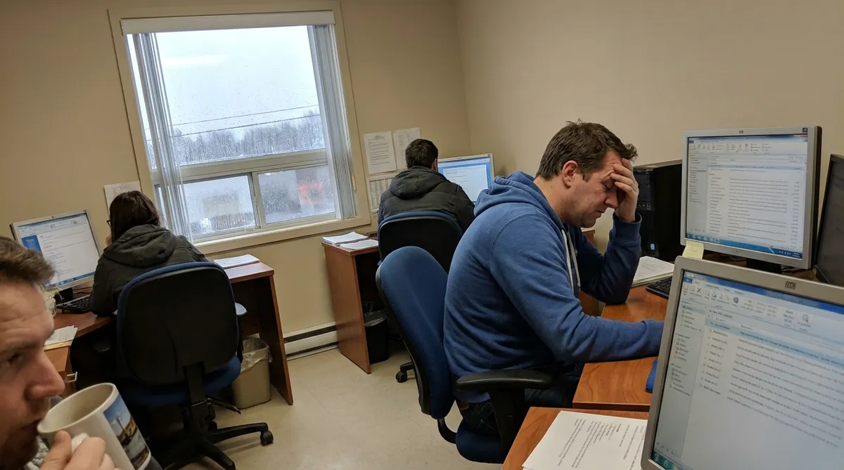 Employé de bureau stressé devant son écran dans une PME québécoise